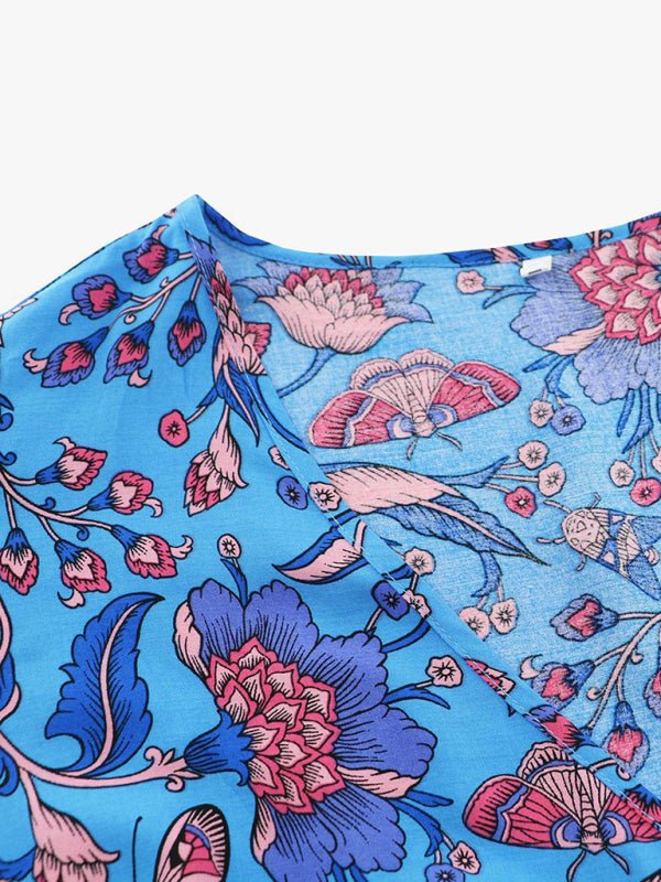 Sexy short - sleeved V - neck dress, bohemian beach retro floral skirt - Vacation Dress