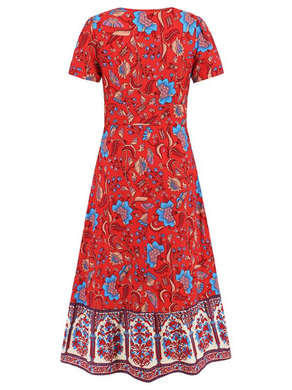 Sexy short - sleeved V - neck dress, bohemian beach retro floral skirt - Vacation Dress