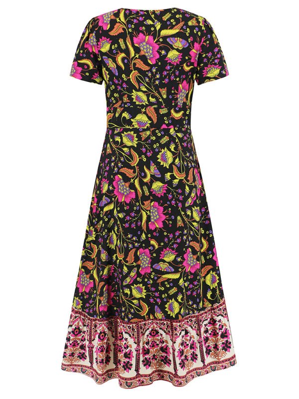 Sexy short - sleeved V - neck dress, bohemian beach retro floral skirt - Vacation Dress