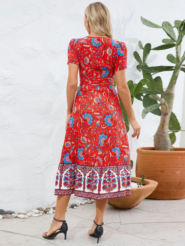 Sexy short - sleeved V - neck dress, bohemian beach retro floral skirt - Vacation Dress