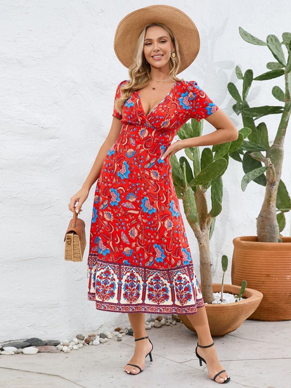 Sexy short - sleeved V - neck dress, bohemian beach retro floral skirt - Vacation Dress