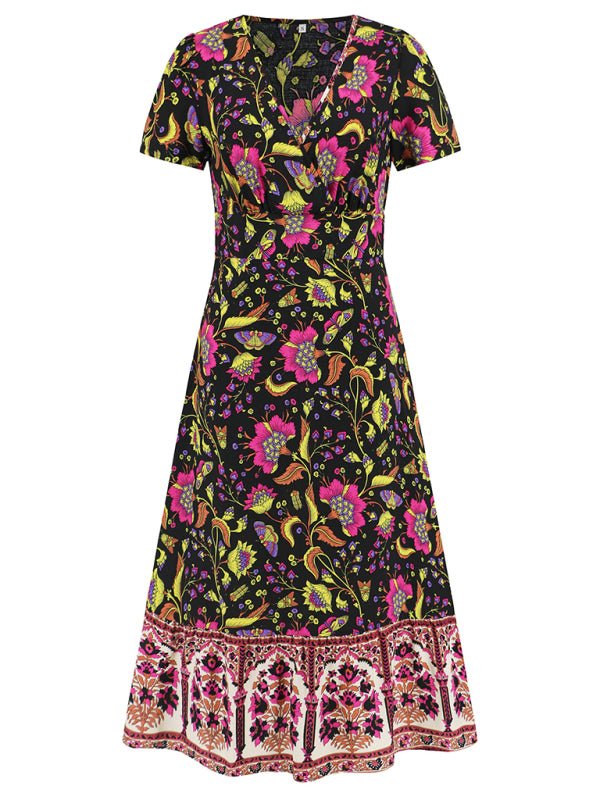 Sexy short - sleeved V - neck dress, bohemian beach retro floral skirt - Vacation Dress
