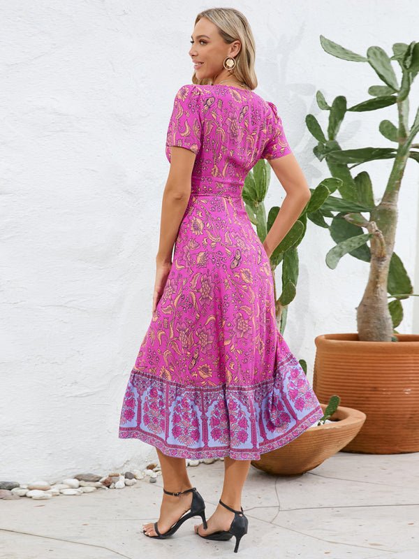 Sexy short - sleeved V - neck dress, bohemian beach retro floral skirt - Vacation Dress