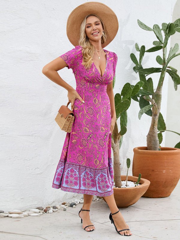 Sexy short - sleeved V - neck dress, bohemian beach retro floral skirt - Vacation Dress