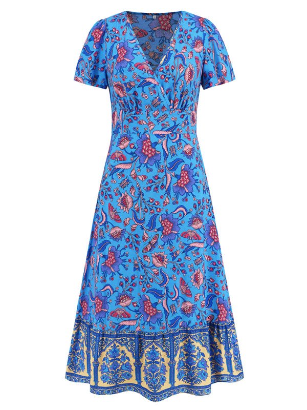 Sexy short - sleeved V - neck dress, bohemian beach retro floral skirt - Vacation Dress
