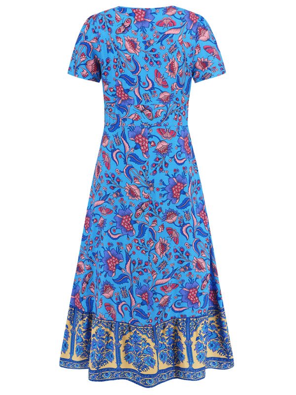 Sexy short - sleeved V - neck dress, bohemian beach retro floral skirt - Vacation Dress