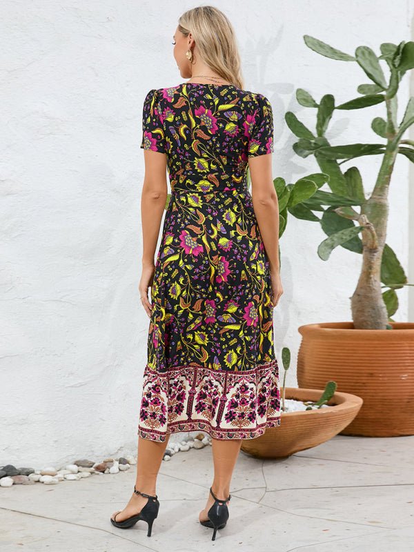 Sexy short - sleeved V - neck dress, bohemian beach retro floral skirt - Vacation Dress
