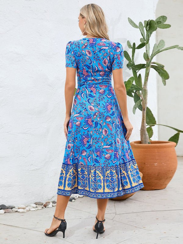 Sexy short - sleeved V - neck dress, bohemian beach retro floral skirt - Vacation Dress