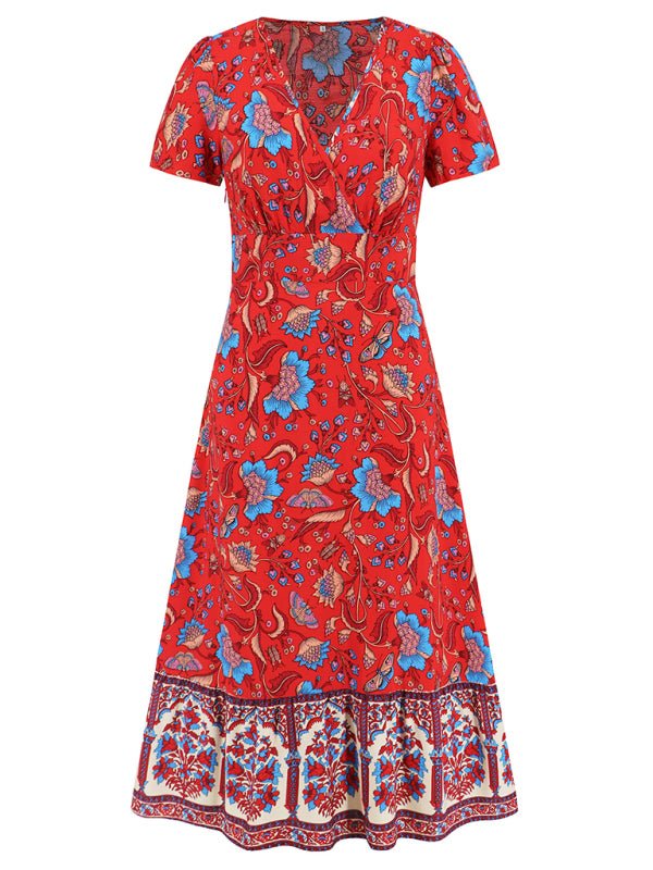Sexy short - sleeved V - neck dress, bohemian beach retro floral skirt - Vacation Dress
