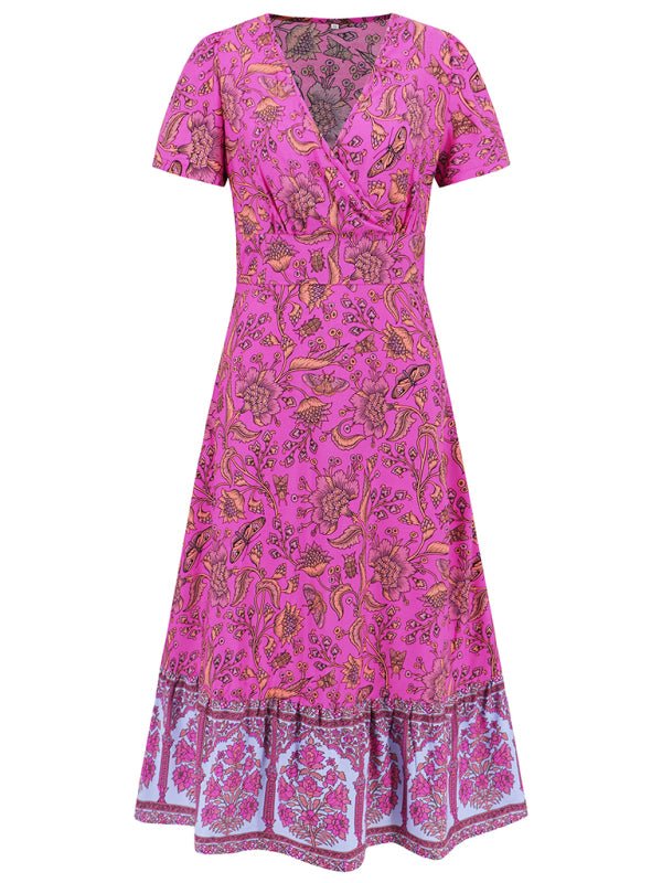 Sexy short - sleeved V - neck dress, bohemian beach retro floral skirt - Vacation Dress