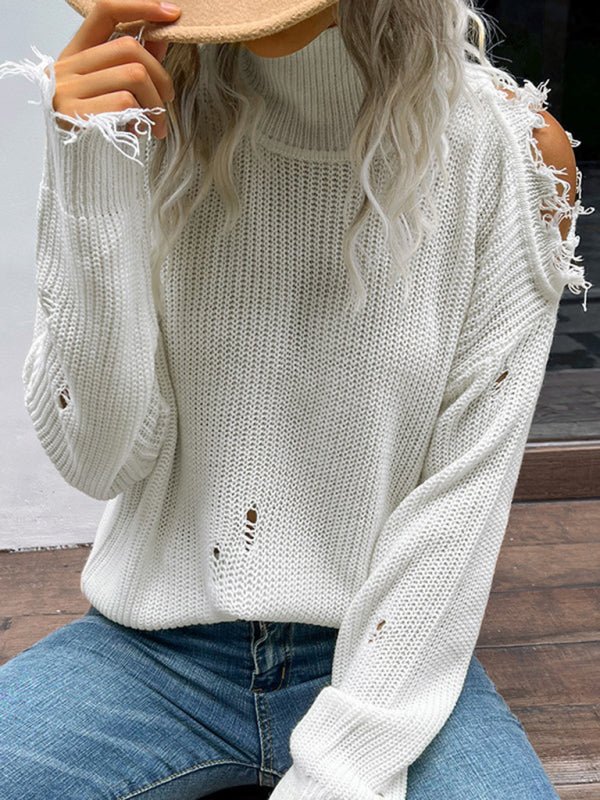 Shabby Long Sleeve Cutout White Turtleneck Sweater - Outerwear