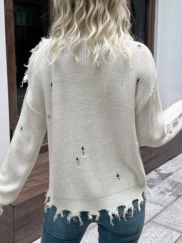Shabby Long Sleeve Cutout White Turtleneck Sweater - Outerwear