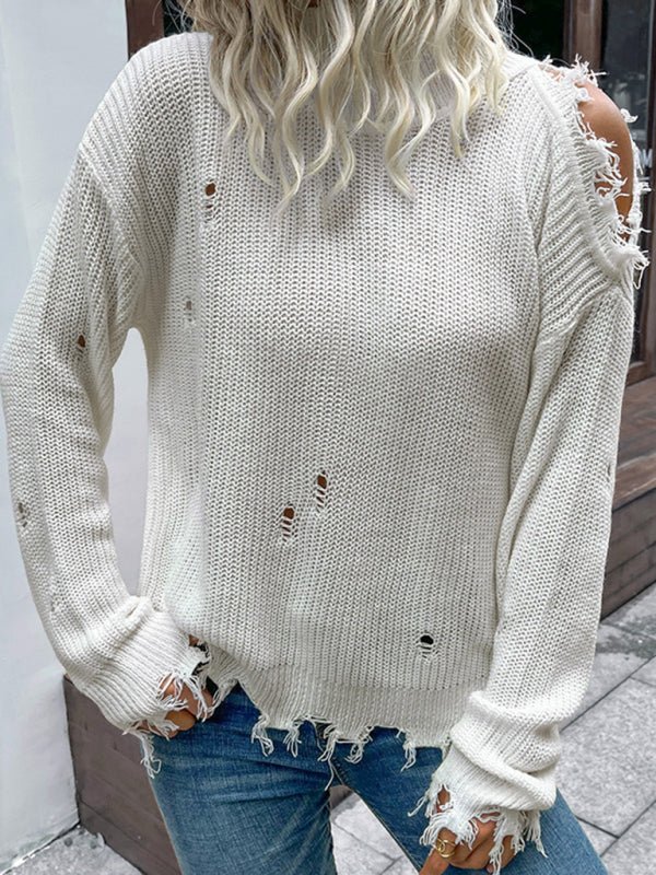 Shabby Long Sleeve Cutout White Turtleneck Sweater - Outerwear