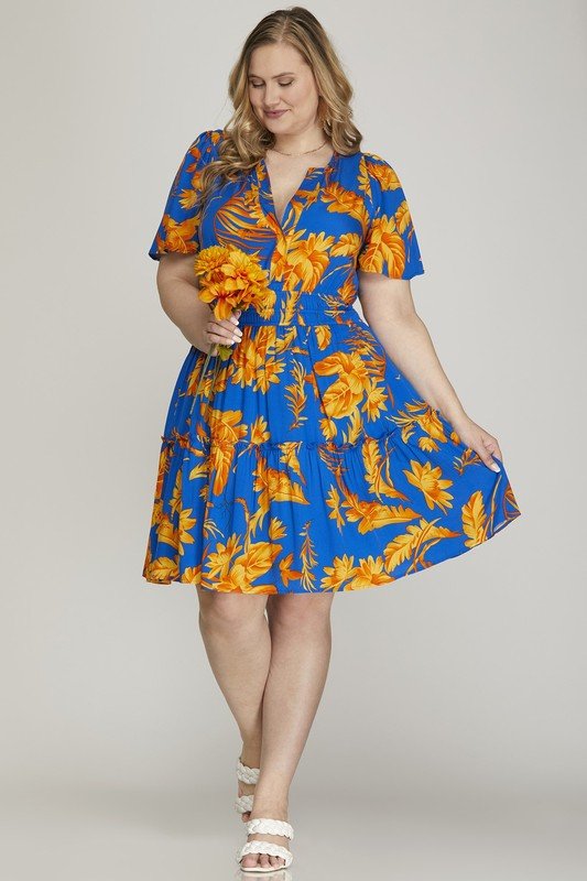 She + Sky Full Size Printed Notched Short Sleeve Frill Tiered Dress Plus Size - New Arrivals