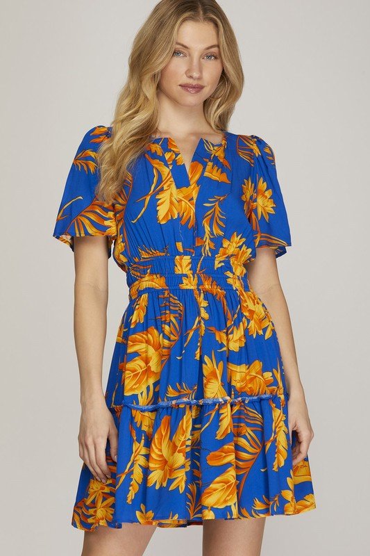 She + Sky Full Size Printed Notched Short Sleeve Frill Tiered Dress Plus Size - New Arrivals