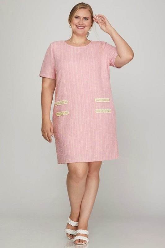 She + Sky Full Size Short Sleeve Pearl Studded Trim Knit Tweed Dress Plus Size - New Arrivals