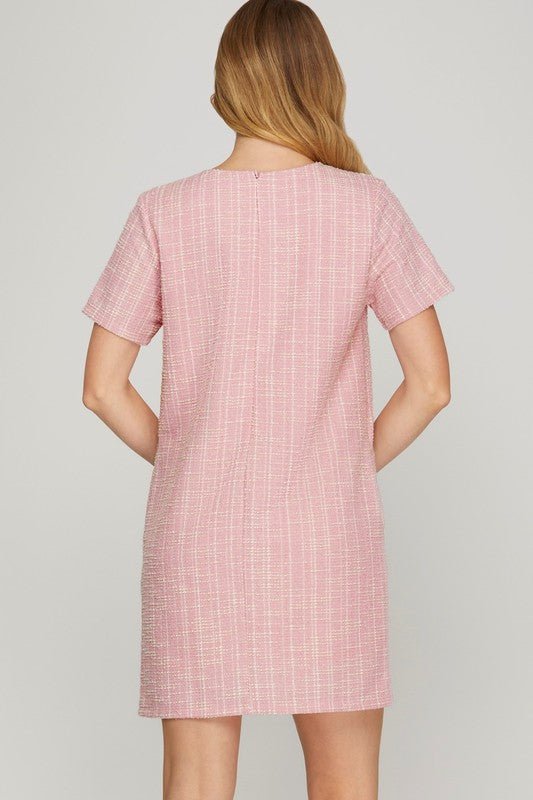 She + Sky Full Size Short Sleeve Pearl Studded Trim Knit Tweed Dress Plus Size - New Arrivals