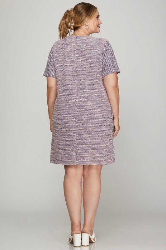She + Sky Full Size Short Sleeve Pearl Studded Trim Knit Tweed Dress Plus Size - New Arrivals