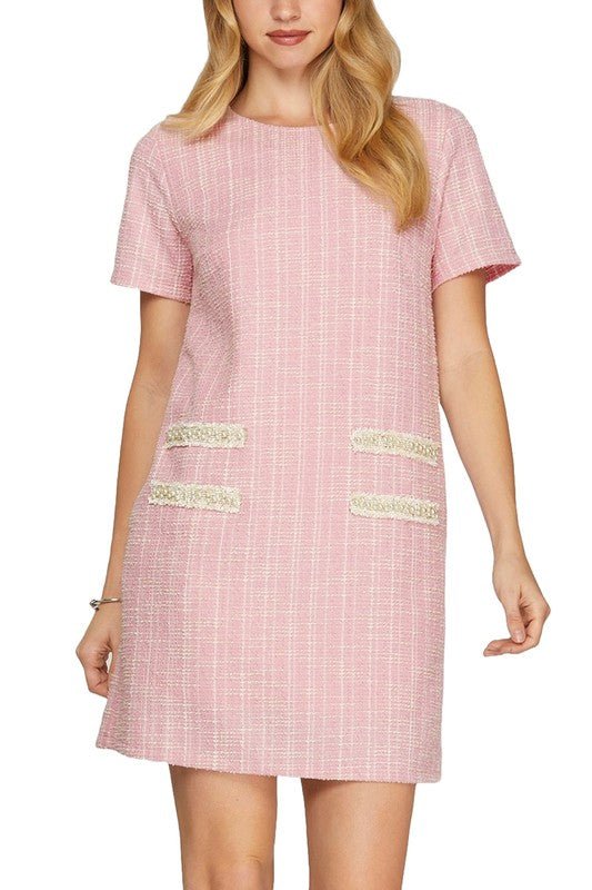 She + Sky Full Size Short Sleeve Pearl Studded Trim Knit Tweed Dress Plus Size - New Arrivals