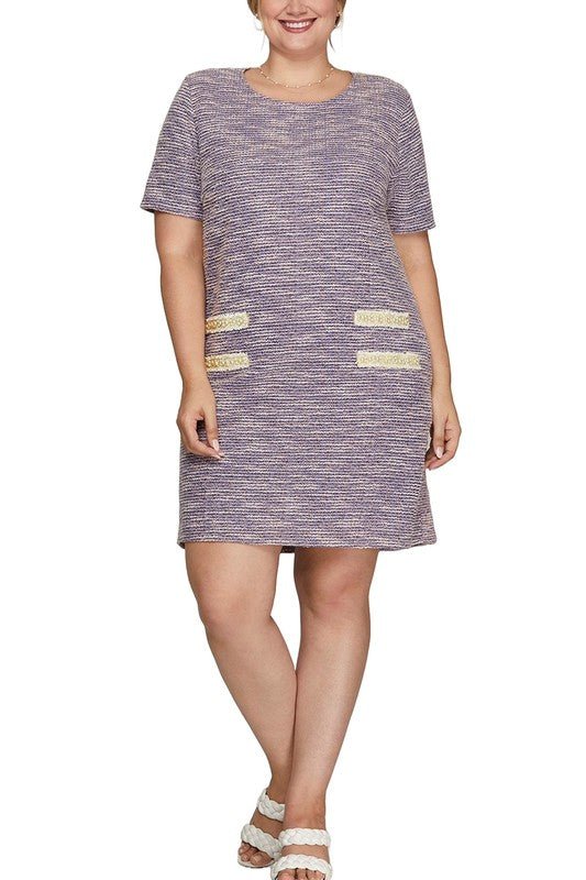 She + Sky Full Size Short Sleeve Pearl Studded Trim Knit Tweed Dress Plus Size - New Arrivals
