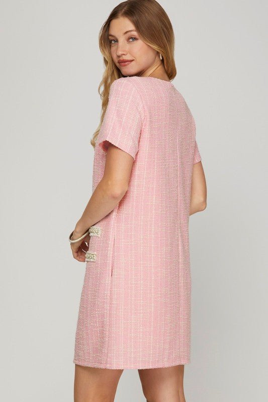 She + Sky Full Size Short Sleeve Pearl Studded Trim Knit Tweed Dress Plus Size - New Arrivals