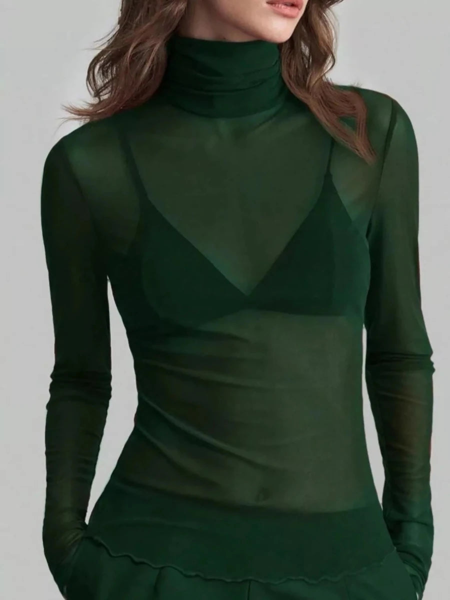 Sheer Mesh Turtleneck Top - 