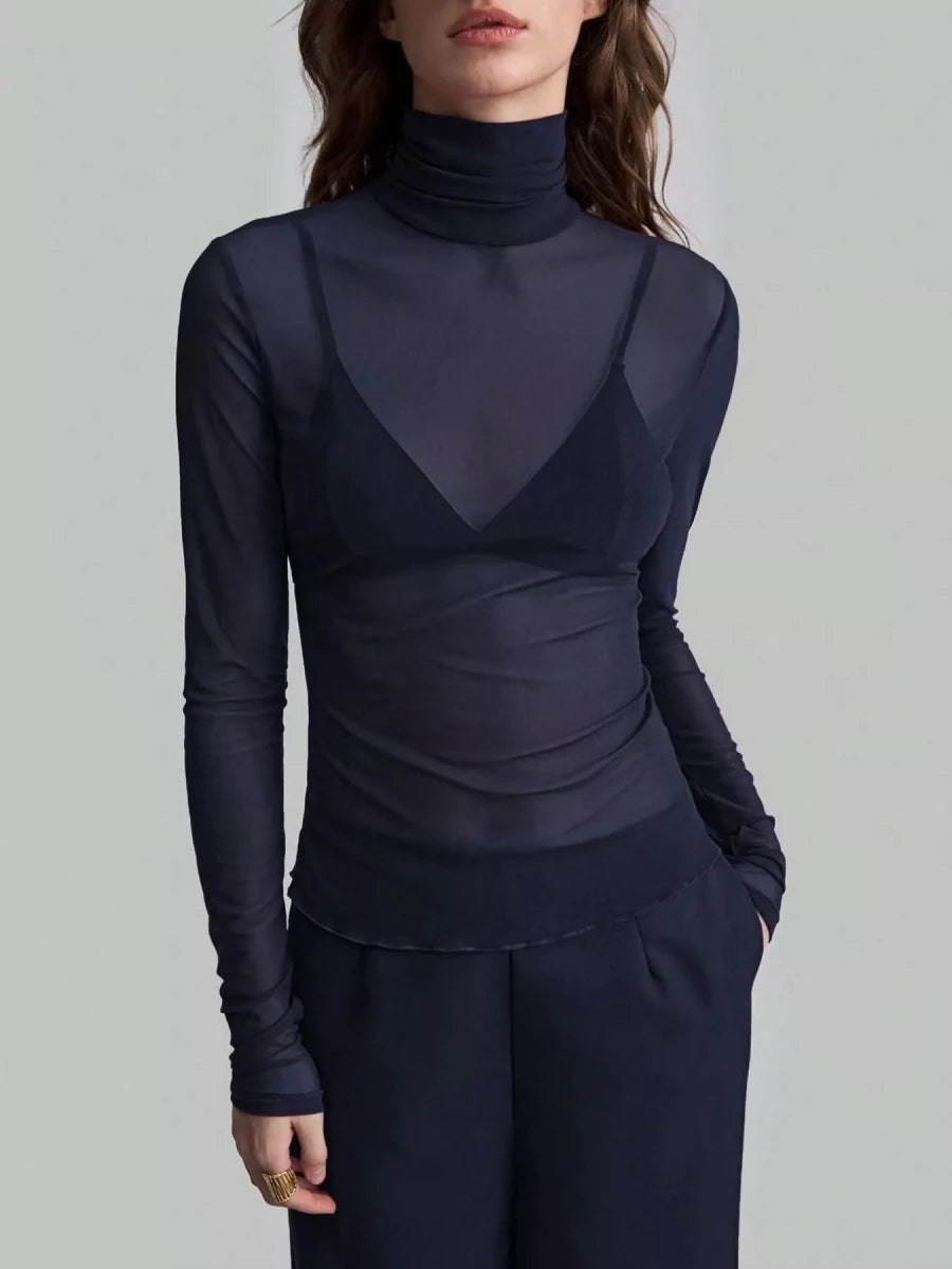 Sheer Mesh Turtleneck Top - 