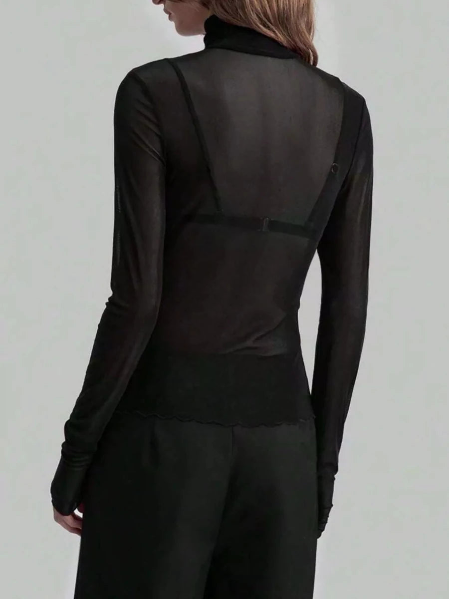 Sheer Mesh Turtleneck Top - 
