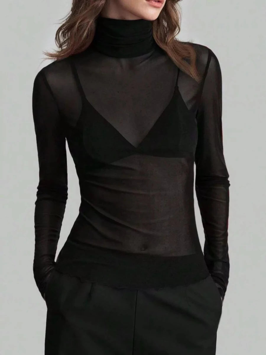 Sheer Mesh Turtleneck Top - 