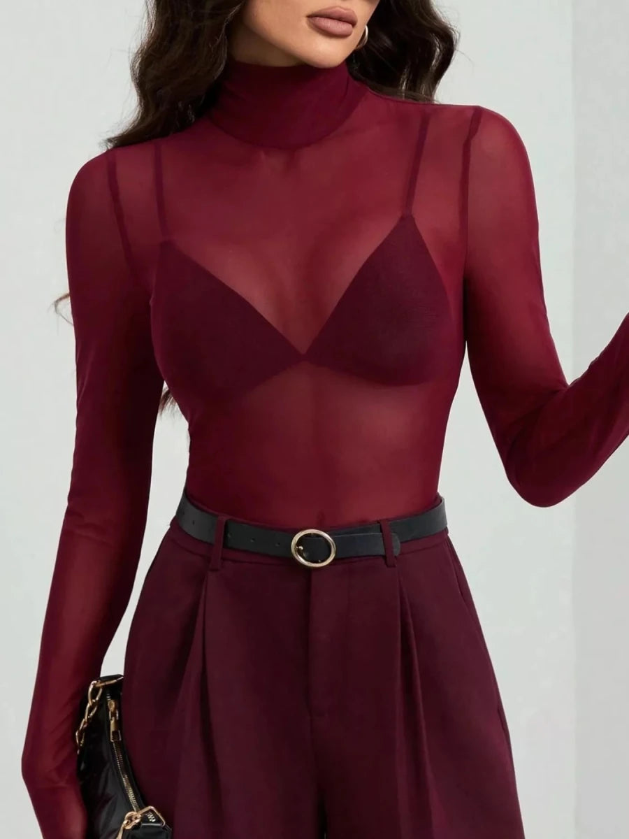 Sheer Mesh Turtleneck Top - 
