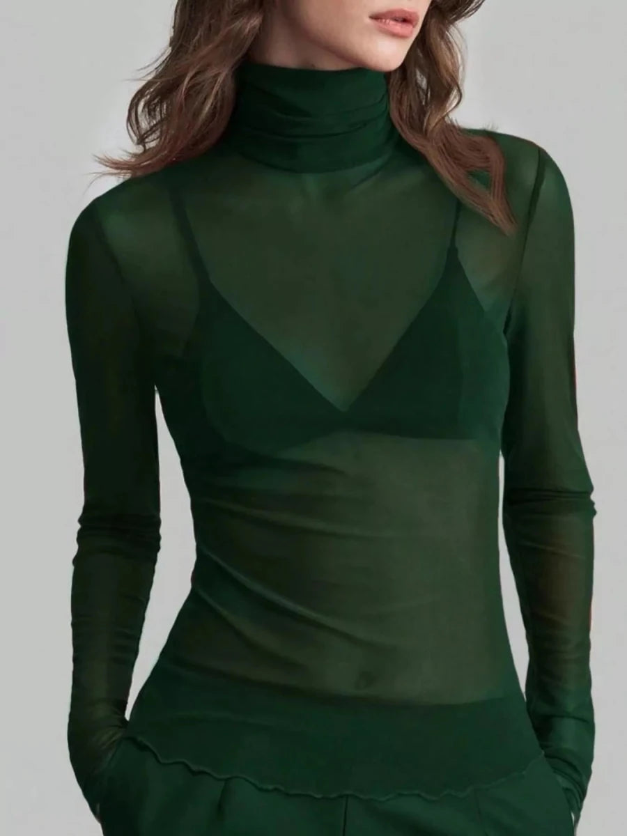 Sheer Mesh Turtleneck Top - 