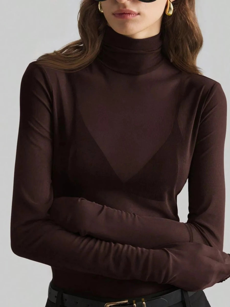 Sheer Mesh Turtleneck Top - 