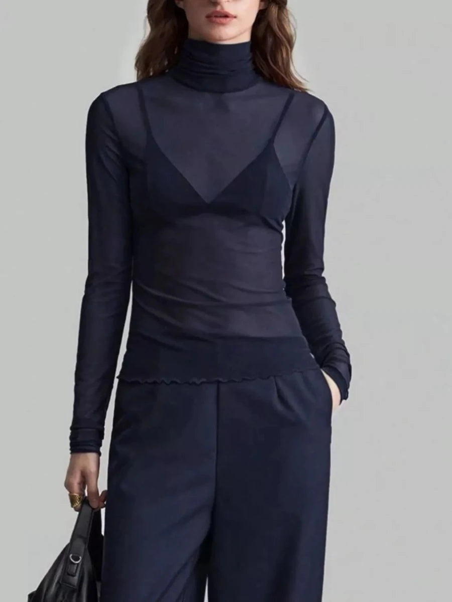 Sheer Mesh Turtleneck Top - 