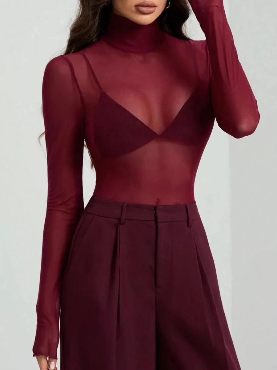 Sheer Mesh Turtleneck Top - 