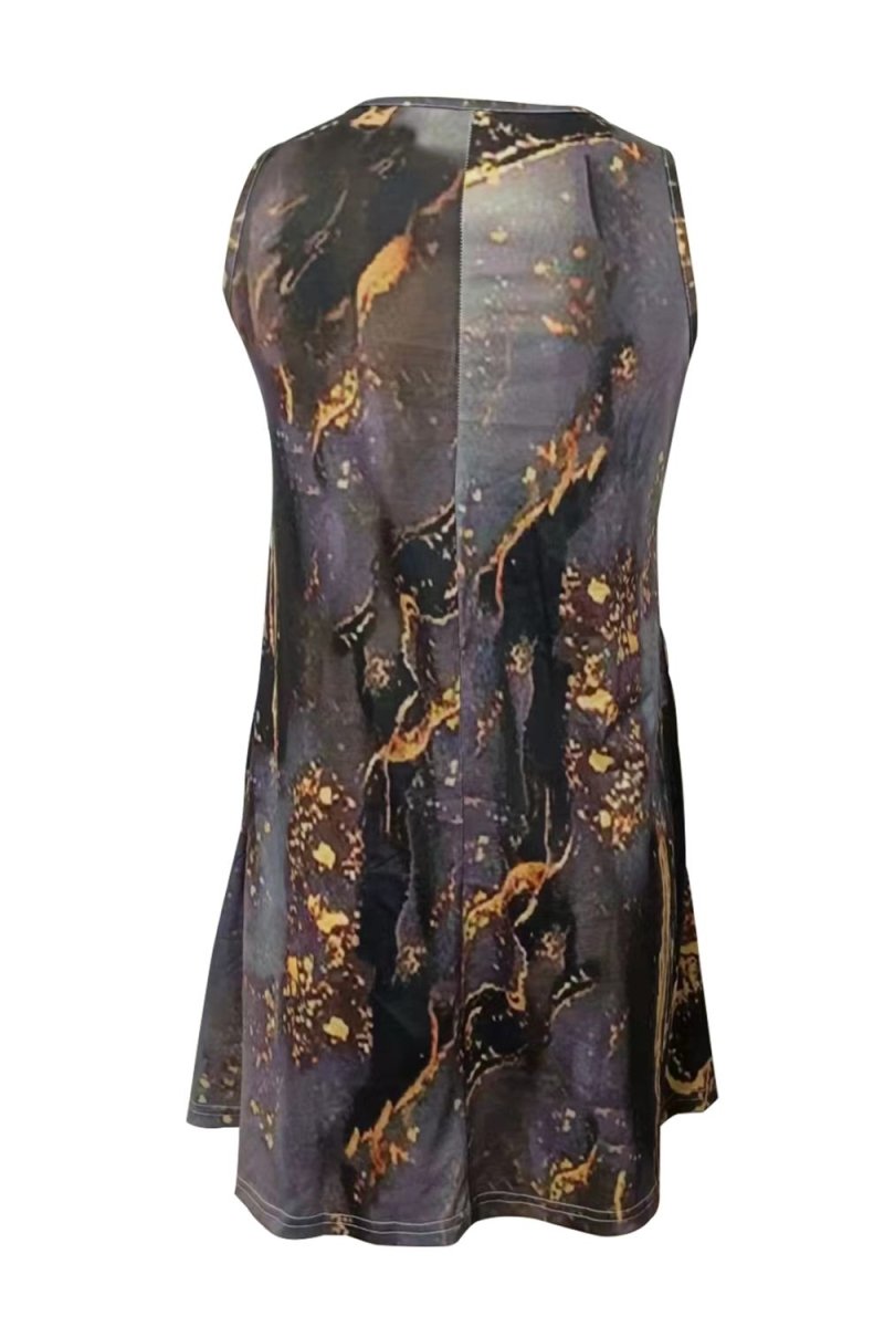 Shiny Abstract Print Round Neck Sleeveless Dress with Pockets - Casual Dress