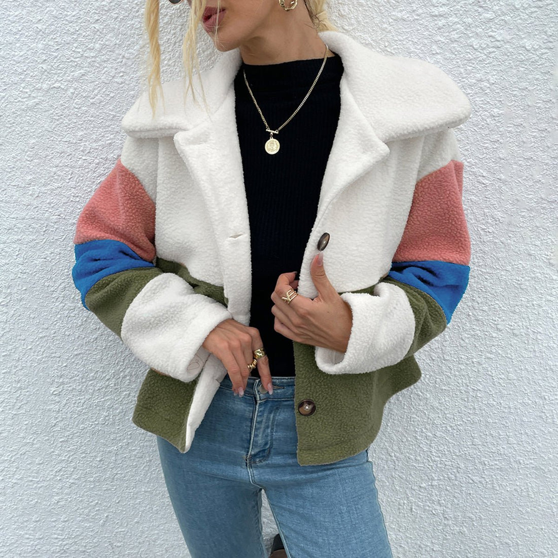 Shiny Color Block Button Down Collared Jacket - Outerwear