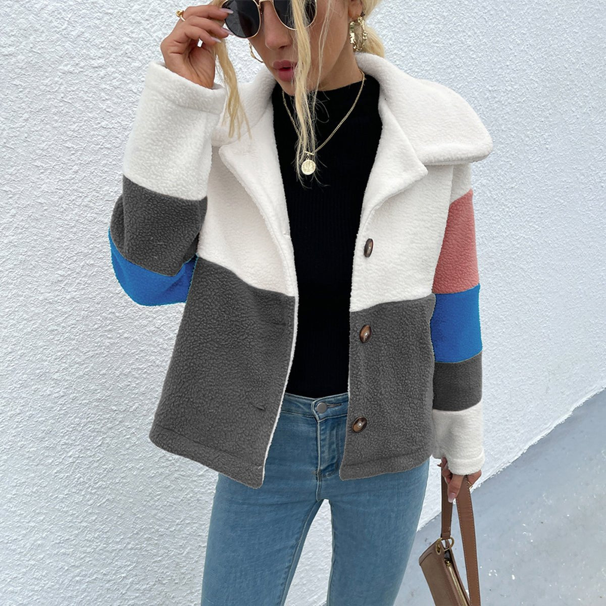 Shiny Color Block Button Down Collared Jacket - Outerwear