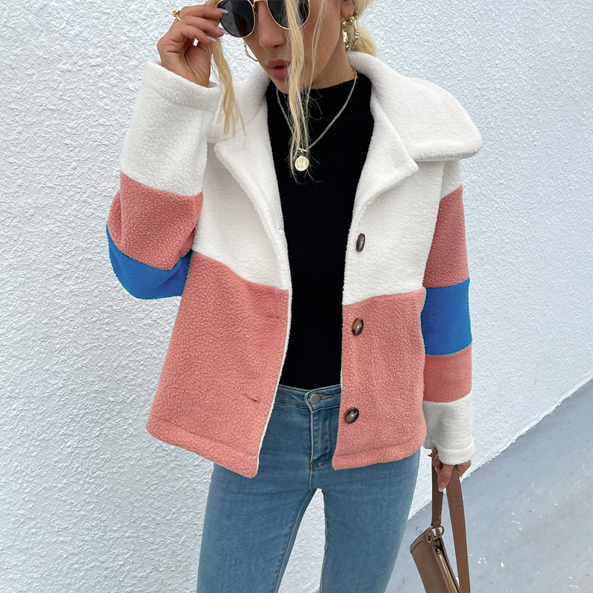Shiny Color Block Button Down Collared Jacket - Outerwear