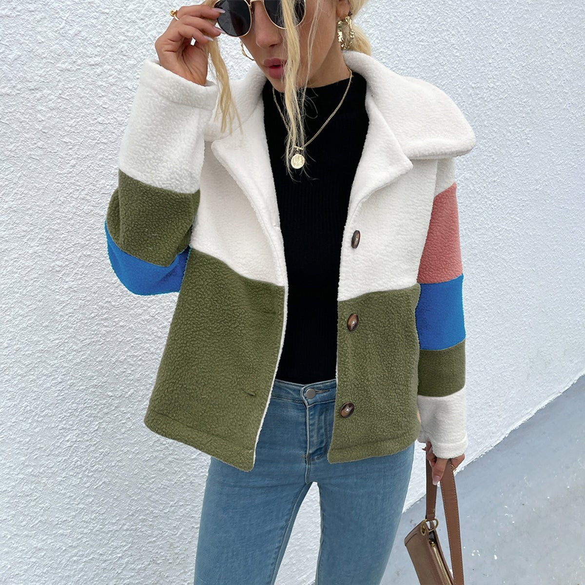 Shiny Color Block Button Down Collared Jacket - Outerwear