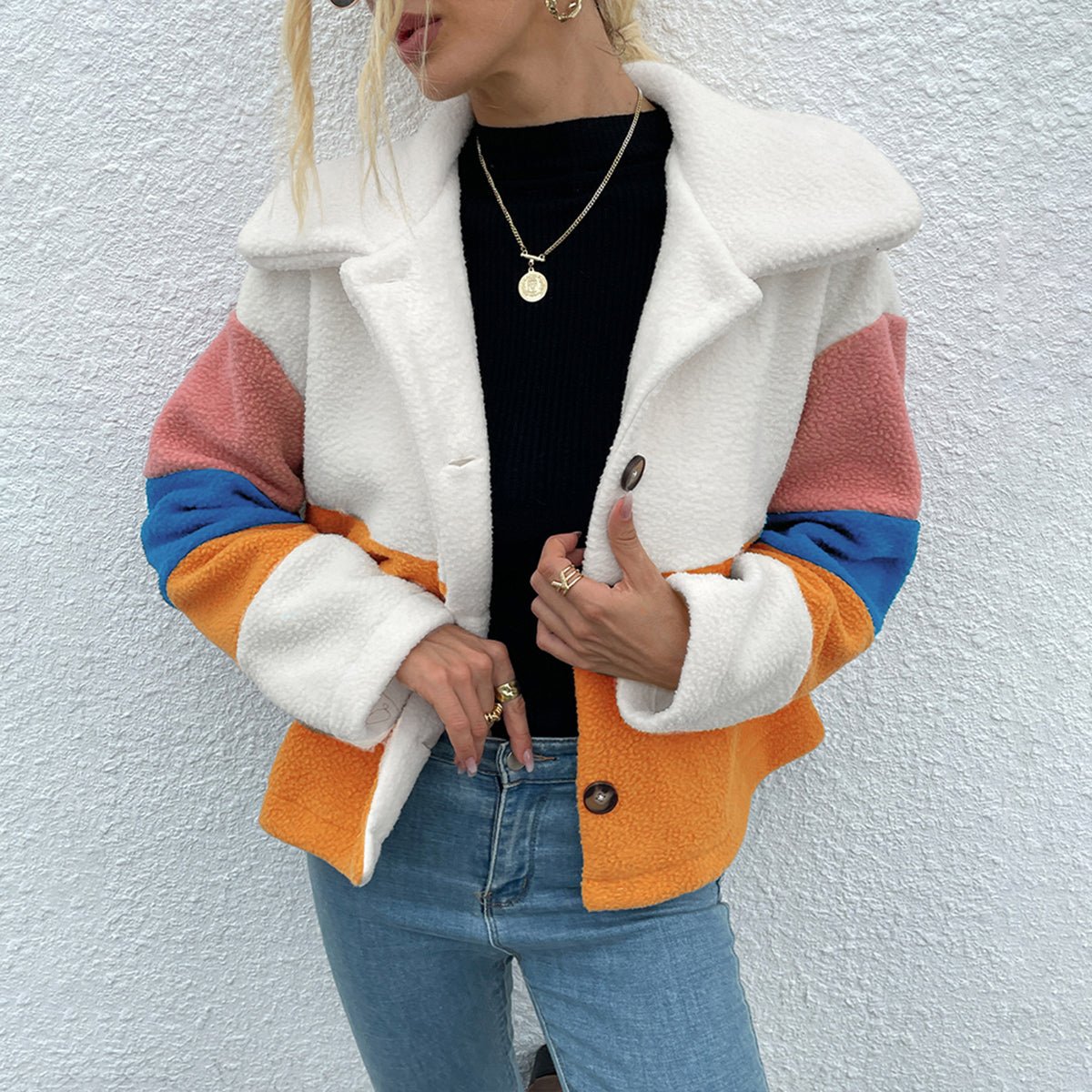 Shiny Color Block Button Down Collared Jacket - Outerwear