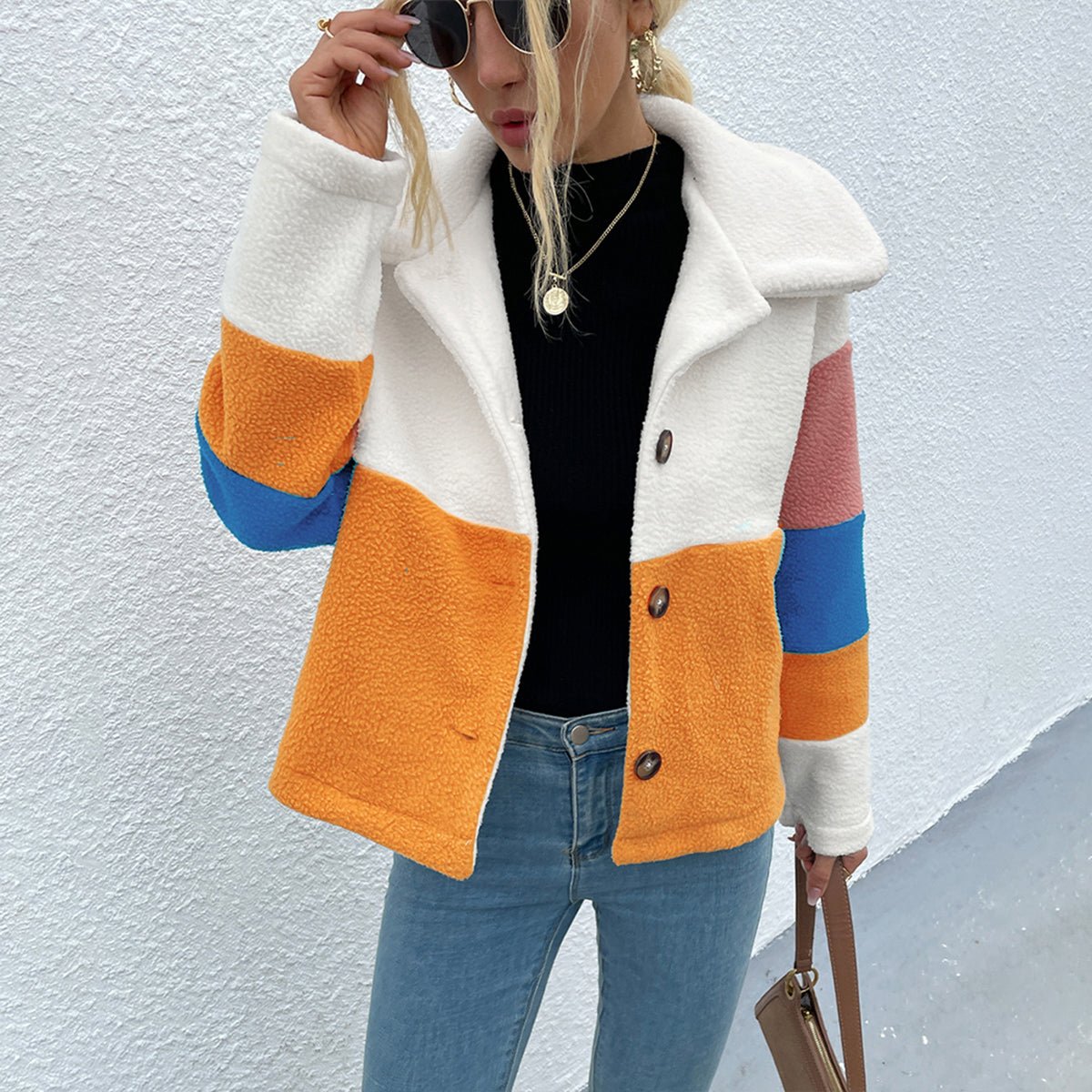 Shiny Color Block Button Down Collared Jacket - Outerwear