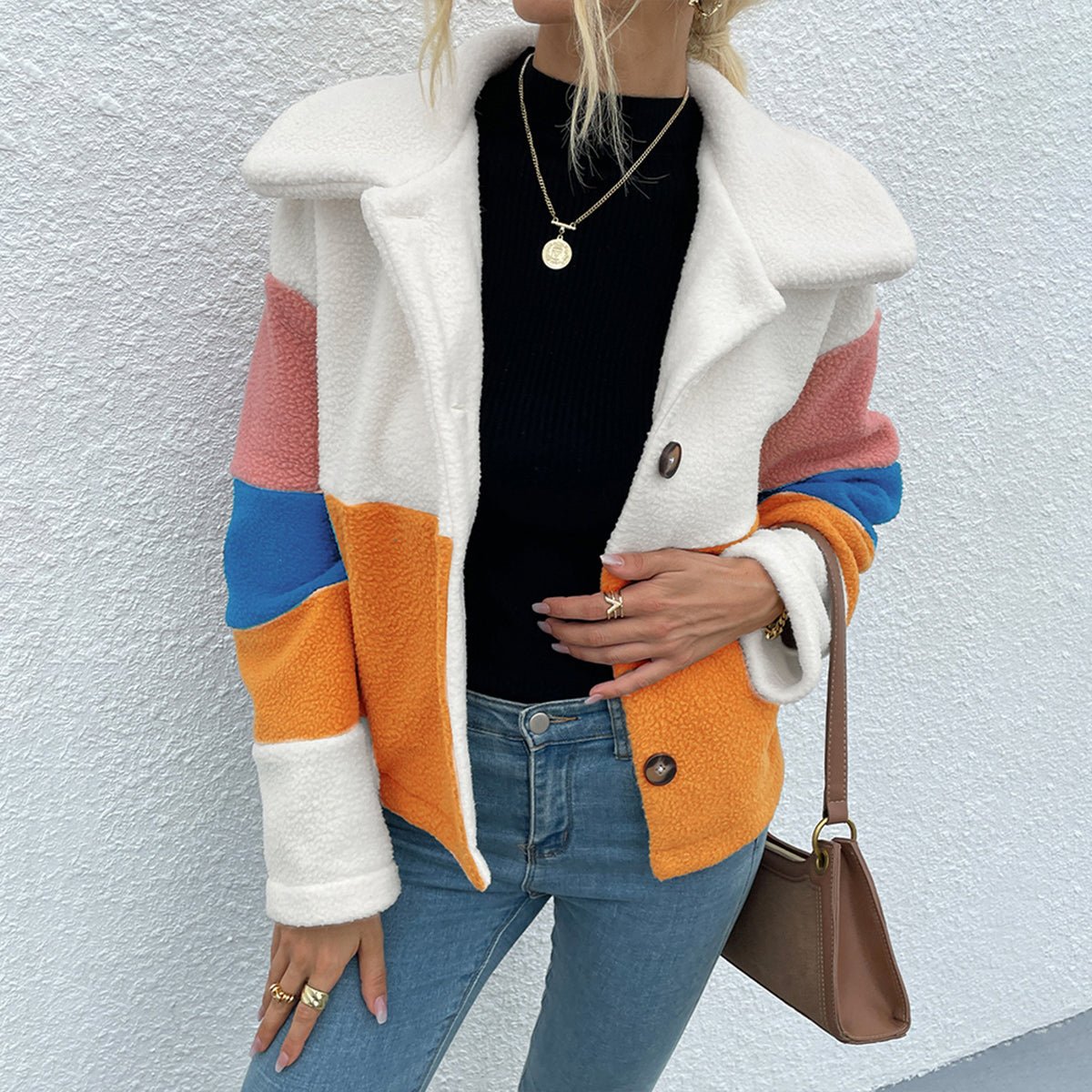 Shiny Color Block Button Down Collared Jacket - Outerwear