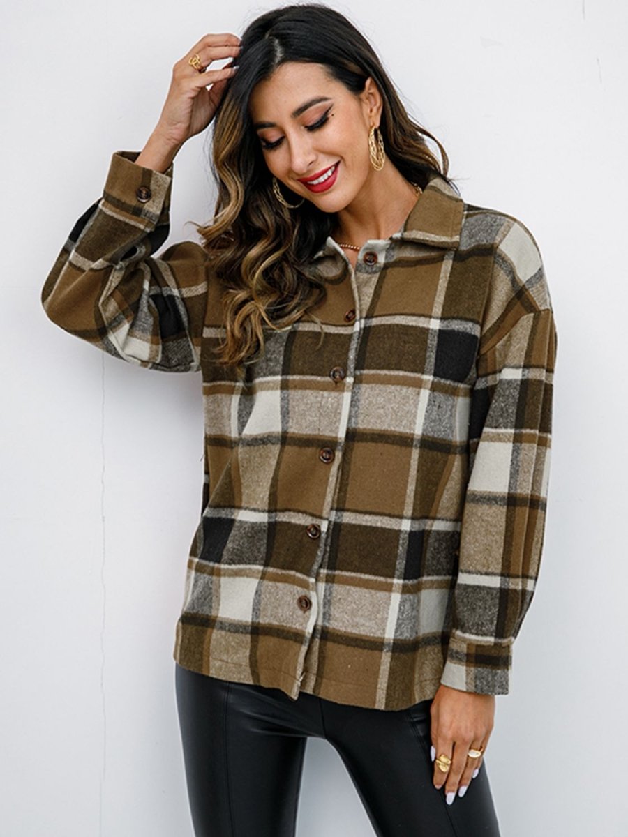 Shiny Plaid Button Up Collared Neck Jacket - Outerwear