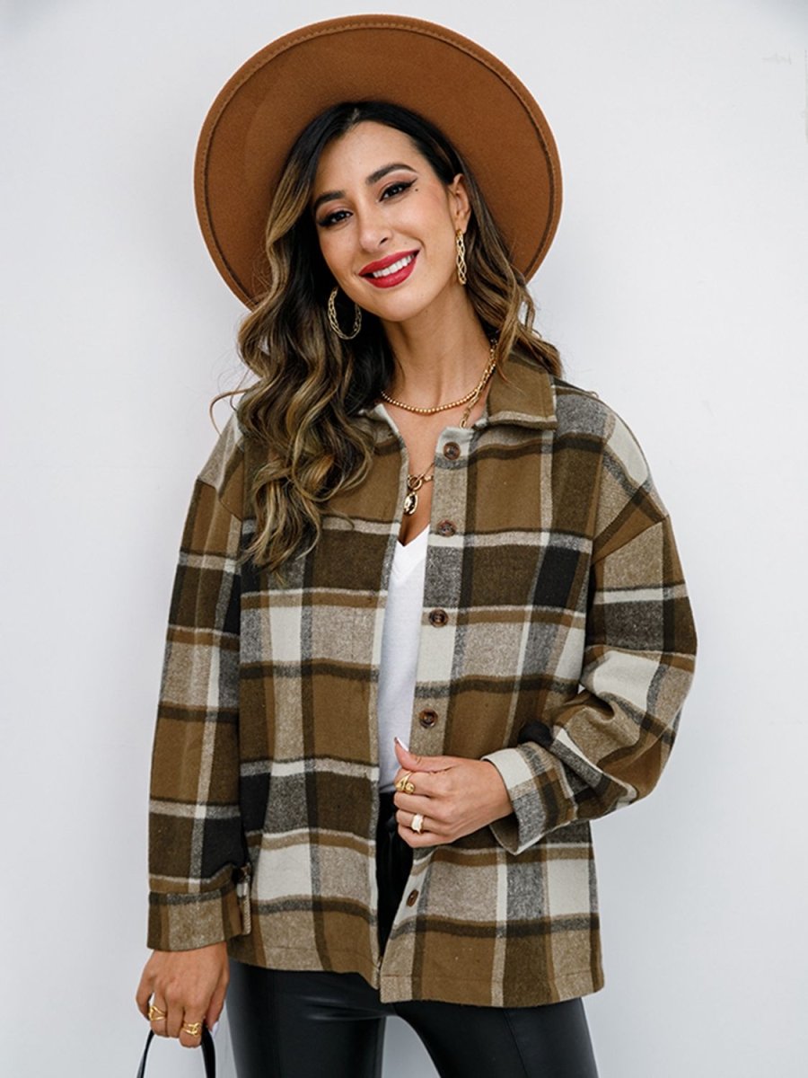 Shiny Plaid Button Up Collared Neck Jacket - Outerwear