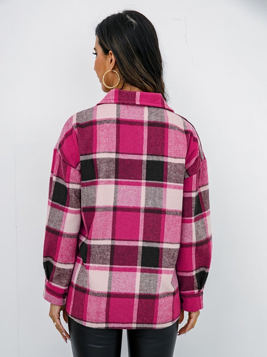 Shiny Plaid Button Up Collared Neck Jacket - Outerwear