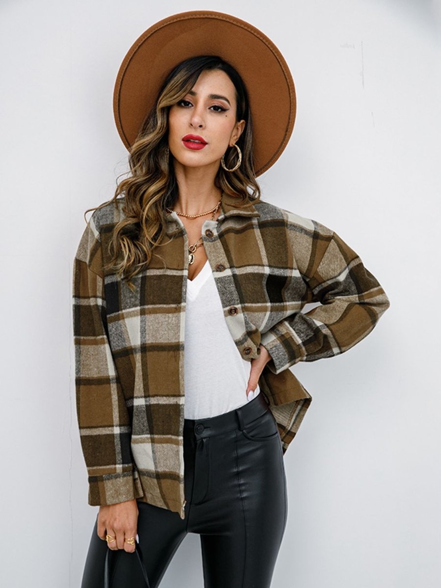 Shiny Plaid Button Up Collared Neck Jacket - Outerwear