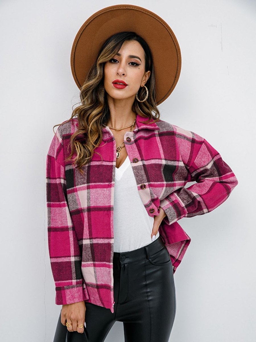 Shiny Plaid Button Up Collared Neck Jacket - Outerwear