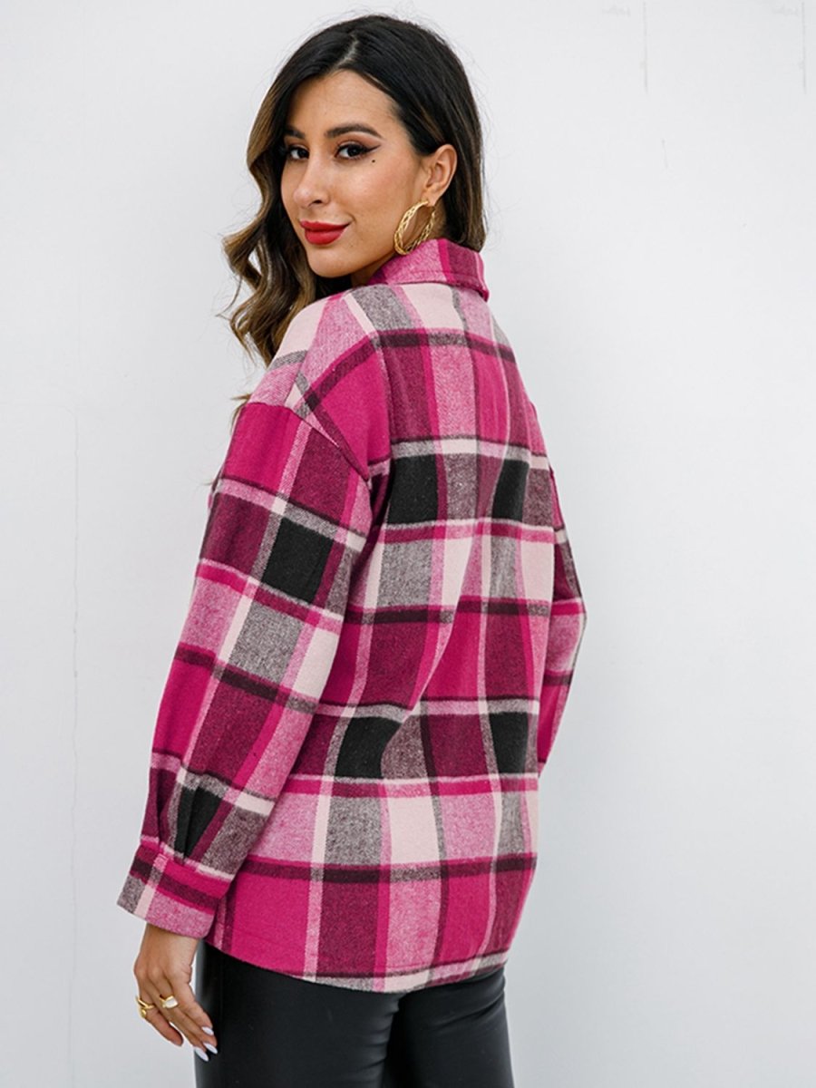 Shiny Plaid Button Up Collared Neck Jacket - Outerwear