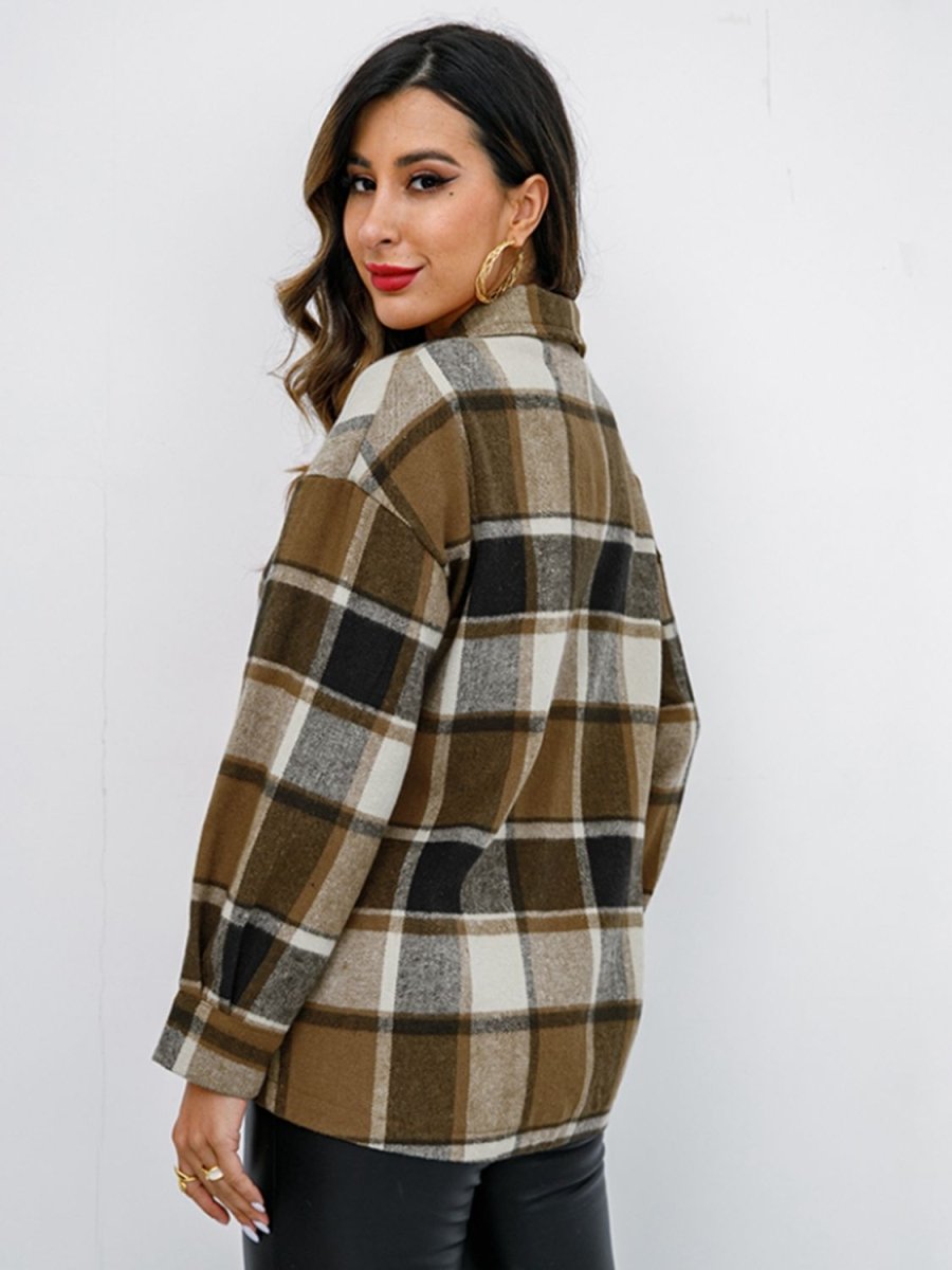 Shiny Plaid Button Up Collared Neck Jacket - Outerwear