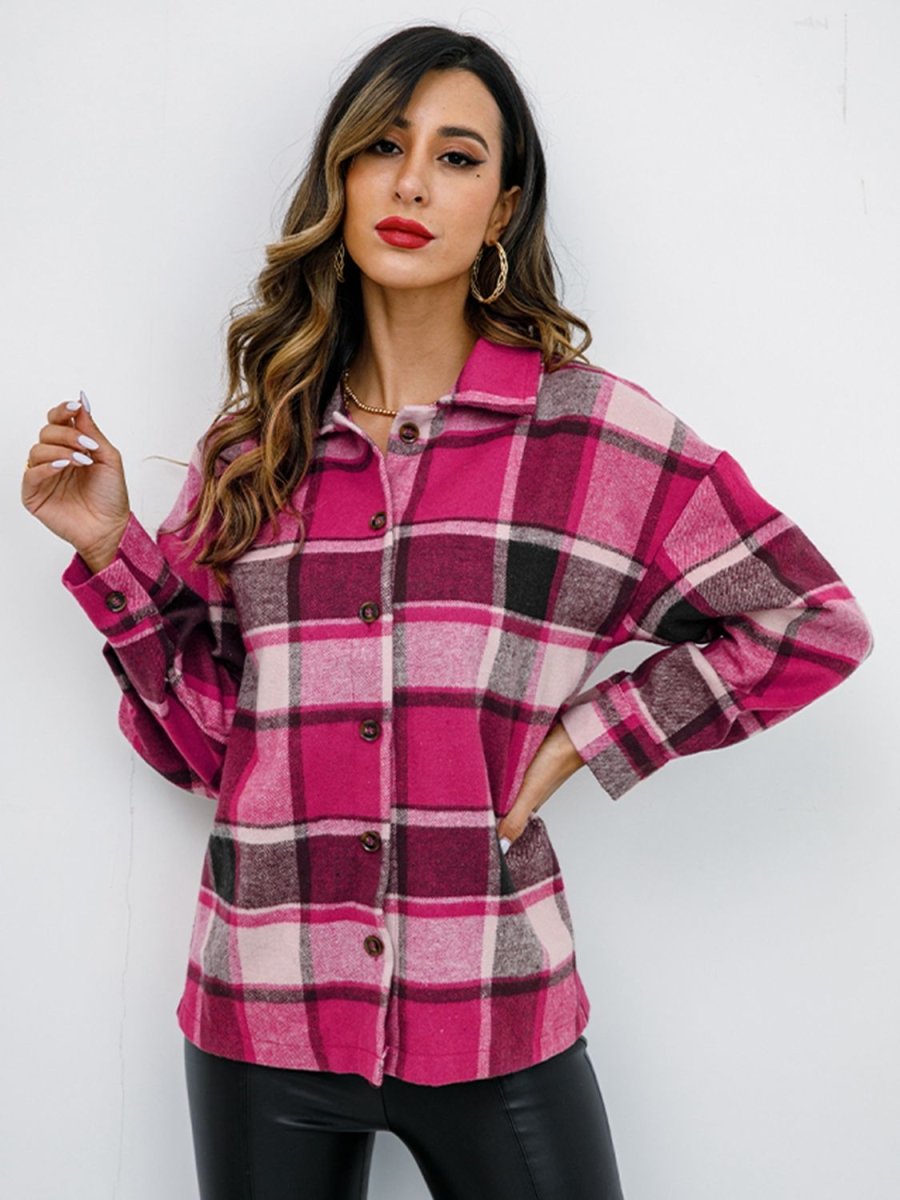 Shiny Plaid Button Up Collared Neck Jacket - Outerwear